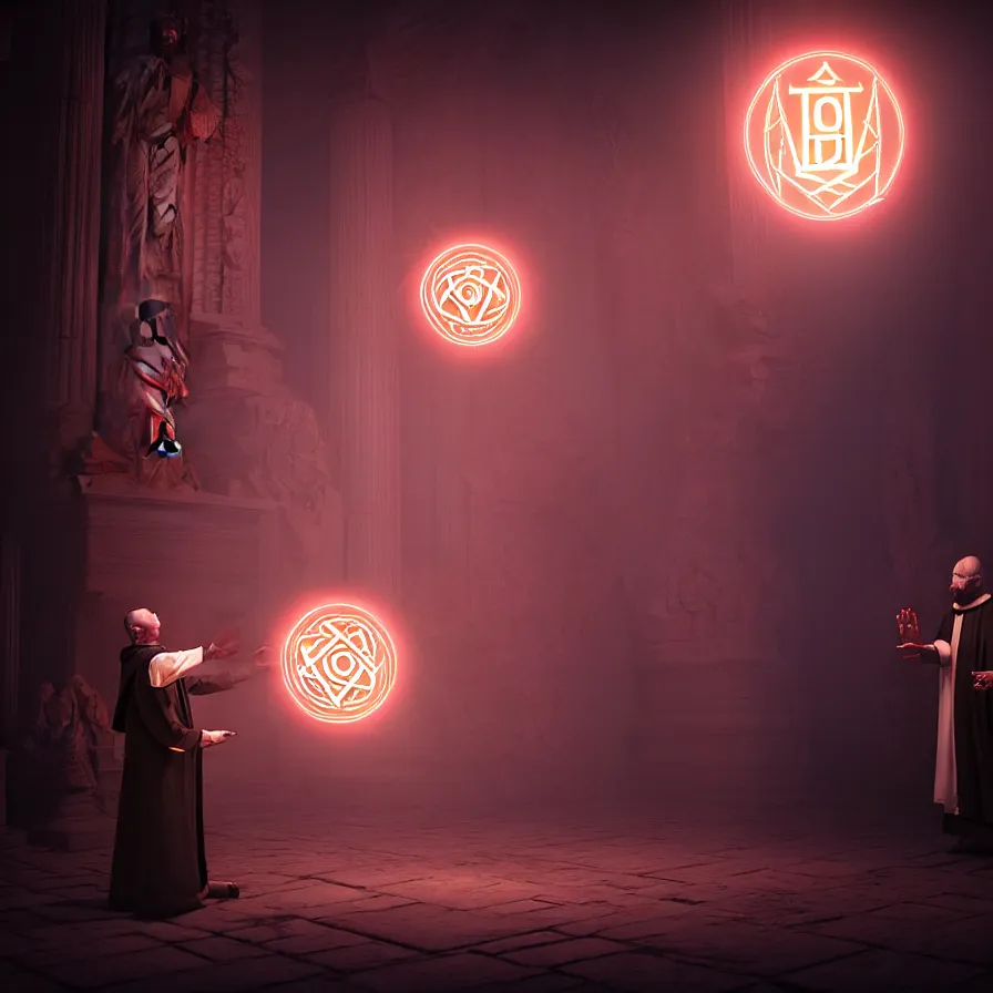 Image similar to an occult priest performs demonic ritual with magic and a glowing sigil in a fantastic temple, volumetric lighting, magical lighting, raytracing, dynamic lights and shadows, photorealistic render, digital art, wallpaper, octane, redshift, hyperdetailed, intricate details