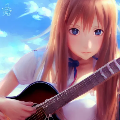 Prompt: a very beautiful young yuuki asuna playing guitar, full body, long wavy blond hair, sky blue eyes, full round face,, bikini, miniskirt, front view, mid - shot, highly detailed, cinematic wallpaper by stanley artgerm lau