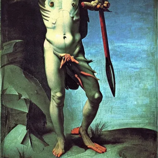 Image similar to painting by caravaggio of a drowned zombie holding a trident with glowing cyan eyes, wearing ragged clothing, holding a trident, underwater, pastel green and blue color palette