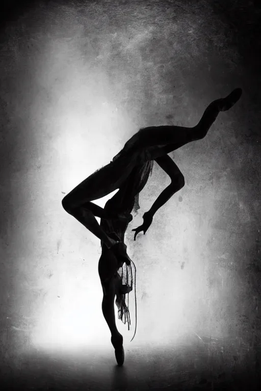 Prompt: dark ballerina, emil melmoth, concept art, deviantart, dark, 3 5 mm, chiaroscuro, surrealist, victorian, mist, dark, on an empty stage seen from below