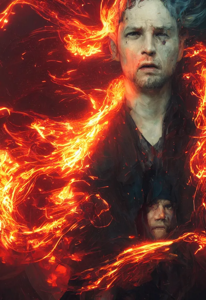 Image similar to a fancy portrait of a very mad mage covered in coloured flames by greg rutkowski, sung choi, mitchell mohrhauser, maciej kuciara, johnson ting, maxim verehin, peter konig, 8 k photorealistic, cinematic lighting, hd, high details,