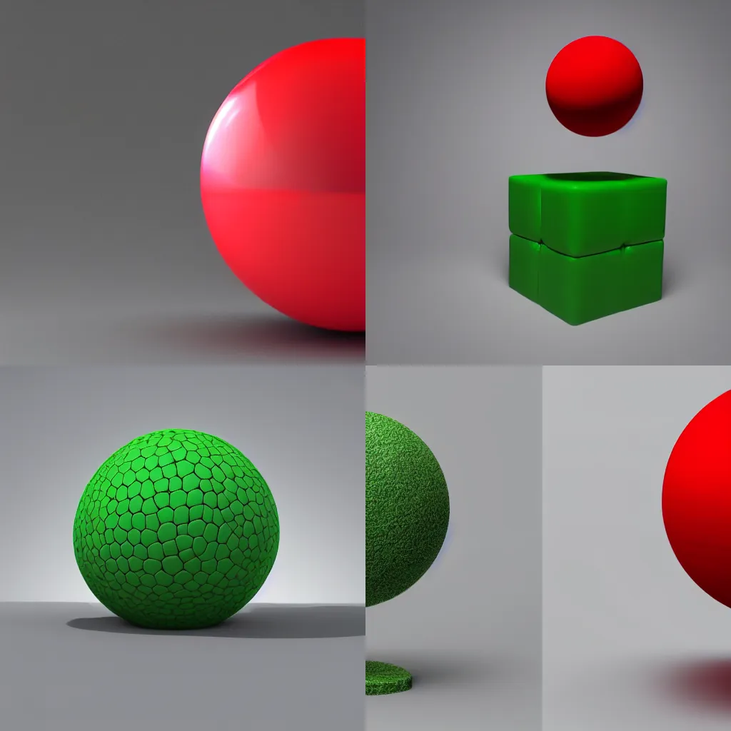 Prompt: 3d render of a 3d red sphere next to a 3d green cube, 8k ultra realistic