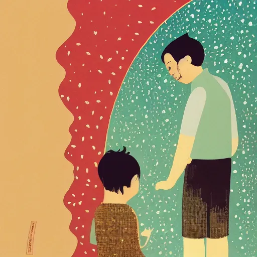 Image similar to a son admiring his father, joyful, illustration by victo ngai, studio muti, malika favre