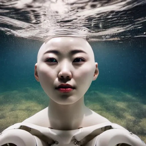 Image similar to beautiful centered fine art photo portrait of hoyeon jung as a solarpunk robotic humanoid treading above water, white mechanical parts with led lights, ultra - realistic and detailed, white background, sun lighting, soft focus, slow exposure hdr 8 k