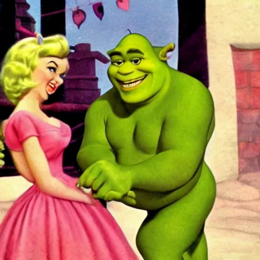 Image similar to shrek as a pinup girl, 1960 commercial