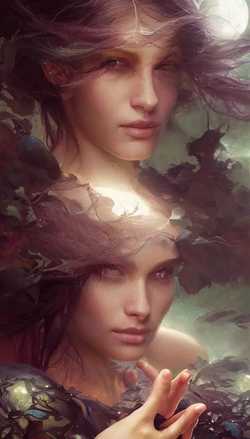 Image similar to epic masterpiece sweet dreams, sweaty skin, hyperrealistic, octane render, cinematic, night, moon, beautiful face and flawless skin, perfect hands, 5 fingers, emerald by Edgar Maxence and Ross Tran and Michael Whelan, Lorenzo Sperlonga Legends of Runeterra