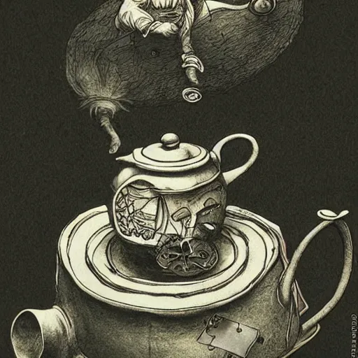 Image similar to dormouse from Alice in Wonderland poking its head out of the teapot, by Santiago Caruso, and M.C. Escher, fairy-tale illustration style, very detailed, colorful, beautiful, eerie, surreal, psychedelic