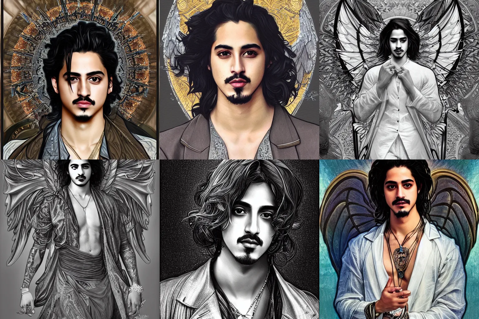 Prompt: Avan jogia as an angel in modern clothes, urban fantasy, intricate, elegant, highly detailed, centered, digital painting, artstation, concept art, smooth, sharp focus, illustration, art by artgerm and H R Giger and alphonse mucha