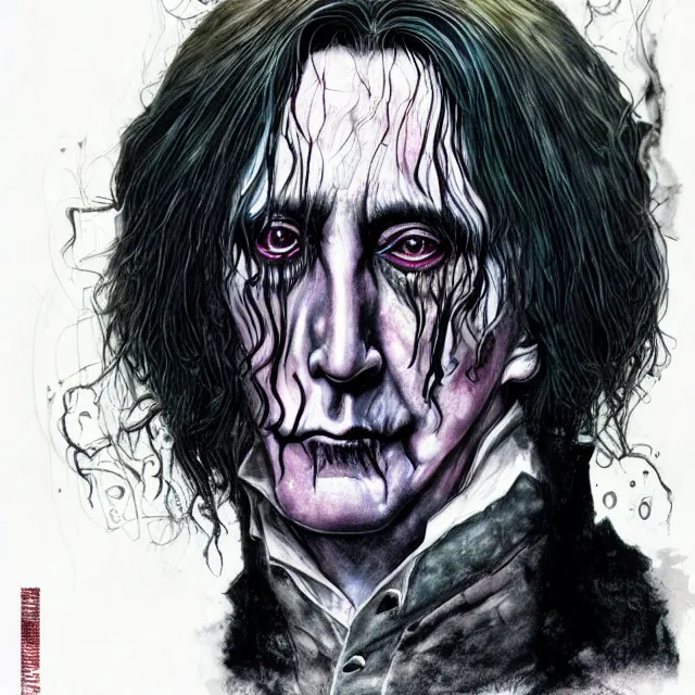 Prompt: fine detail, black ink & copic markers, vibrant muted colors, disturbing grunge still of a [ lovecraftian demon infested ] [ severus snape ], [ his face is melting ], by arthur adams, by tom bagshaw, by henry asencio, by kikuchi hideyuki