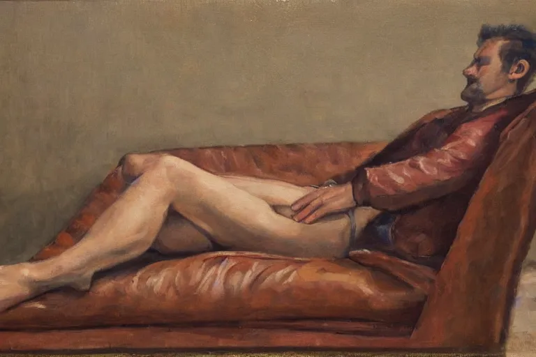 Prompt: a oil painting painting of a caucasian man wearing clothing relaxing on a brown reclined leather chair