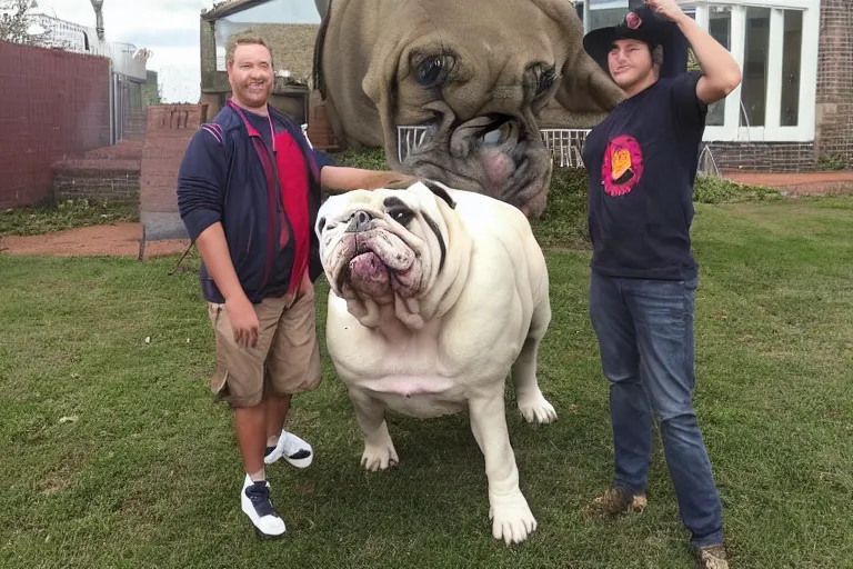 Image similar to a person standing next to a giant bulldog and the bulldog is five times taller then the person