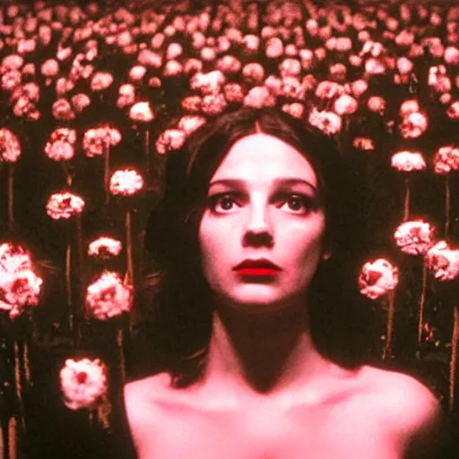 Image similar to movie still of the girl with the flowers head, cinematic composition, cinematic light, by edgar wright and david lynch, surreal art