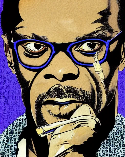 Image similar to Digital color pen drawing of Samuel Jackson from Pulp Fiction, highly detailed, sharp focus, screentone shading, 1990 manga panel, trending on ArtStation, manga cover art drawn by Hirohiko Araki