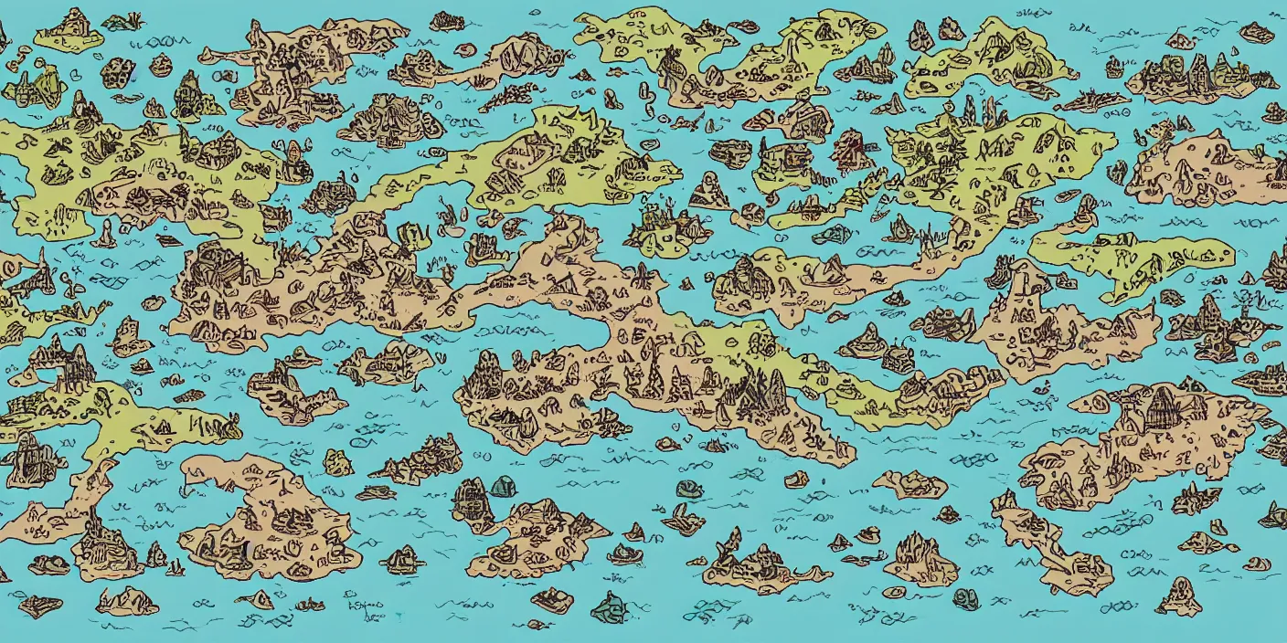 Prompt: a rpg map with regions in separated colors surrounded by ocean detailed, flat colors and strokes illustrated by Mattias Adolfsson