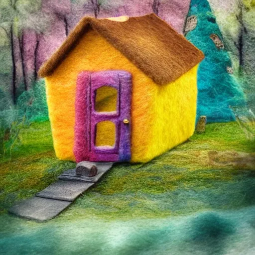 Prompt: small wooden house in the middle of enchanted forest, bright colours, watercolor, volumetric wool felting, macro photography, children illustration, by vacher christophe
