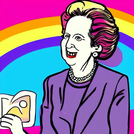 Image similar to wikihow illustration of having fun ( in a girly way ) by looking at photos of margaret thatcher on your laptop, as you sit on your couch in front of a rainbow tv static painting