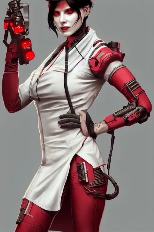 Prompt: covid - 1 9 nurse holding a syringe, wearing cyberpunk nurse armor, black and white and red, by tom bagshaw and alphonse mucha and atey ghailan and artgerm and and greg rutkowski, hyper realistic, octane render, trending on artstation