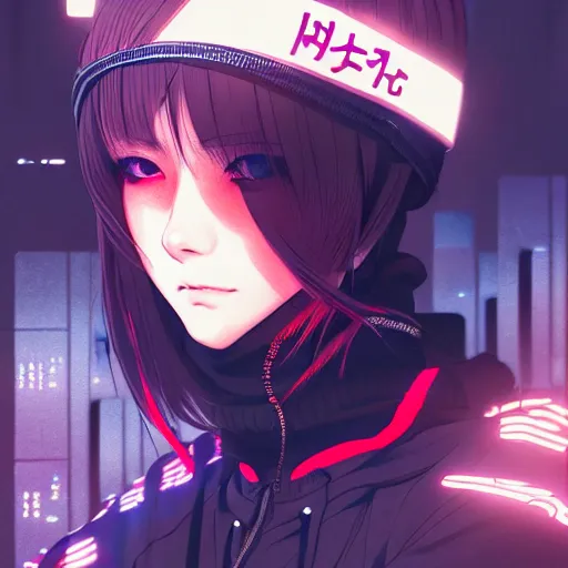 Image similar to by kyoto animation, cool girl wearing cyberpunk intricate streetwear, beautiful, detailed symmetrical close up portrait, intricate complexity, in the style of artgerm and ilya kuvshinov, cell shaded, 4 k, concept art, by wlop, krenz cushart, greg rutkowski, pixiv. cinematic dramatic atmosphere, cinematic lighting, studio quality