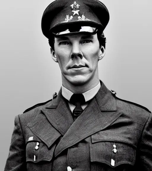 Prompt: black and photo of Benedict Cumberbatch as a WW2 general