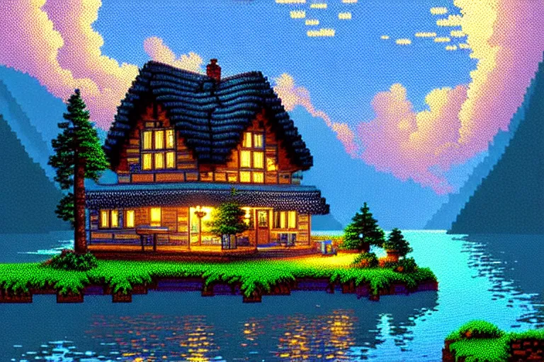 Image similar to view of a cottage above an azure lake, beautiful detailed pixelart by albertov, intricate details, beautiful, dithered gradients, volumetric lighting, cgsociety, artstation, 2 d, smooth, sharp, focus, illustration, art by artgerm, by dan mumford, hd