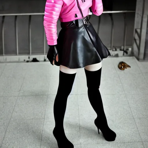 Image similar to an epic cinematic 8K HD movie shot of a japanese young J-Pop idol girl wearing leather jacket, miniskirt, nylon tights and high heels boots. Inspirational arthouse