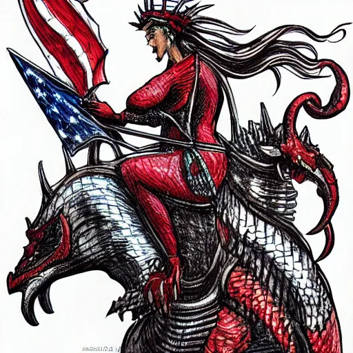 Image similar to Lady Liberty riding the red dragon of china. illustration concept art in the style of Arthur Adams