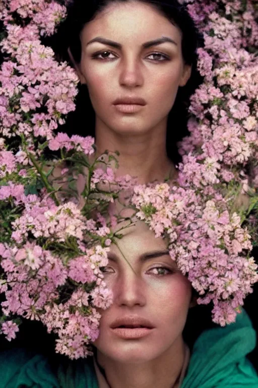 Image similar to very beautiful woman, beautiful face, ultradetailed, ethereal, flowers, gorgeous, volumetric lighting, art by steve mccurry