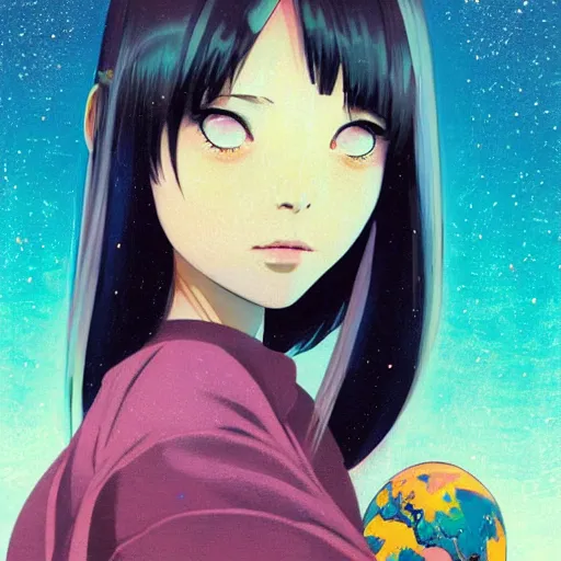 Image similar to A cosmic girl with big and cute eyes, holding the earth || VERY ANIME, fine-face, realistic shaded perfect face, fine details. Anime. realistic shaded lighting poster by Ilya Kuvshinov katsuhiro otomo ghost-in-the-shell, magali villeneuve, artgerm, Jeremy Lipkin and Michael Garmash, Rob Rey and Kentarõ Miura style, trending on art station