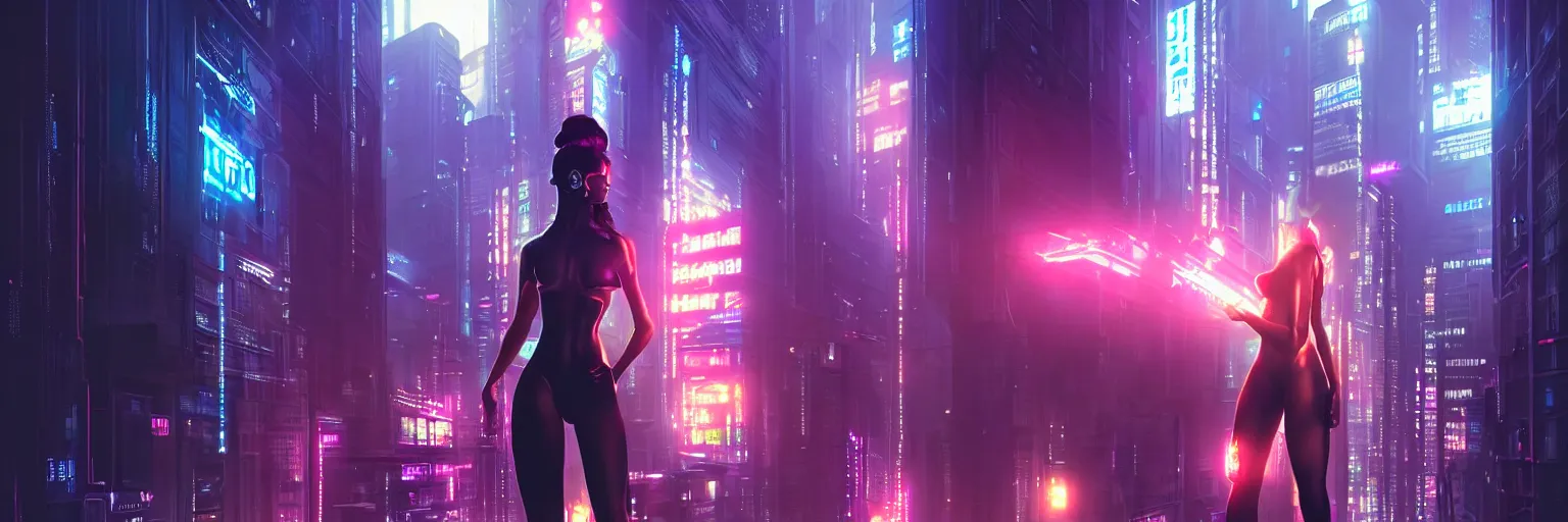 Image similar to cinematic photography of a female humanoid in a cyberpunk cityscape, half body cropping, elegant glamor pose, accurate anatomy, cyber led neon lighting, flare lighting, bokeh, rule of thirds, hyper photorealistic, crispy quality, digital photography, art by artgerm, art by greg rutkowski, art by pascal blanche,