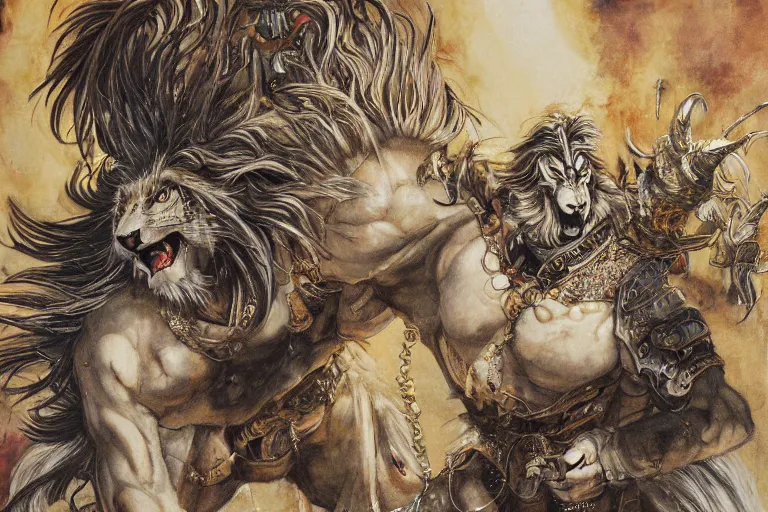 Image similar to 8k Yoshitaka Amano painting of upper body of a young cool looking lion beast-man at a medieval market at windy day. White mane, Depth of field. He is wearing complex fantasy armors. He has huge paws. Renaissance style lighting.