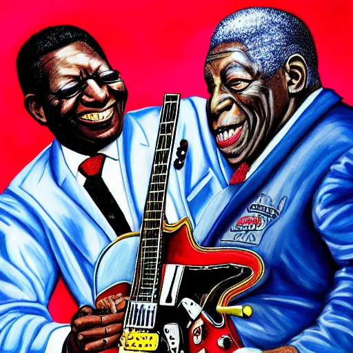 Prompt: portrait of bb king with buddy guy, joyful, highly detailed painting by stephen bliss, boxart, 8 k