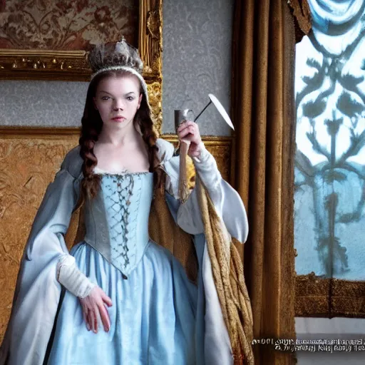 Prompt: anya taylor - joy wearing robe a la francaise, wow 4 k detail fantasy, matte painting, realistic materials, photo realistic, postprocessing, cinematic, hyperrealistic, studio lighting, ekaterina, the tudors, photography by richard jenkins