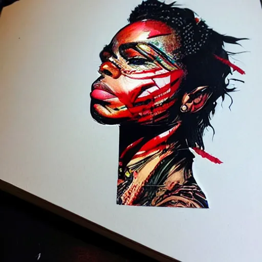 Image similar to a portrait of a black woman with side profile blood in ocean intricate details by MARVEL comics and Sandra Chevrier