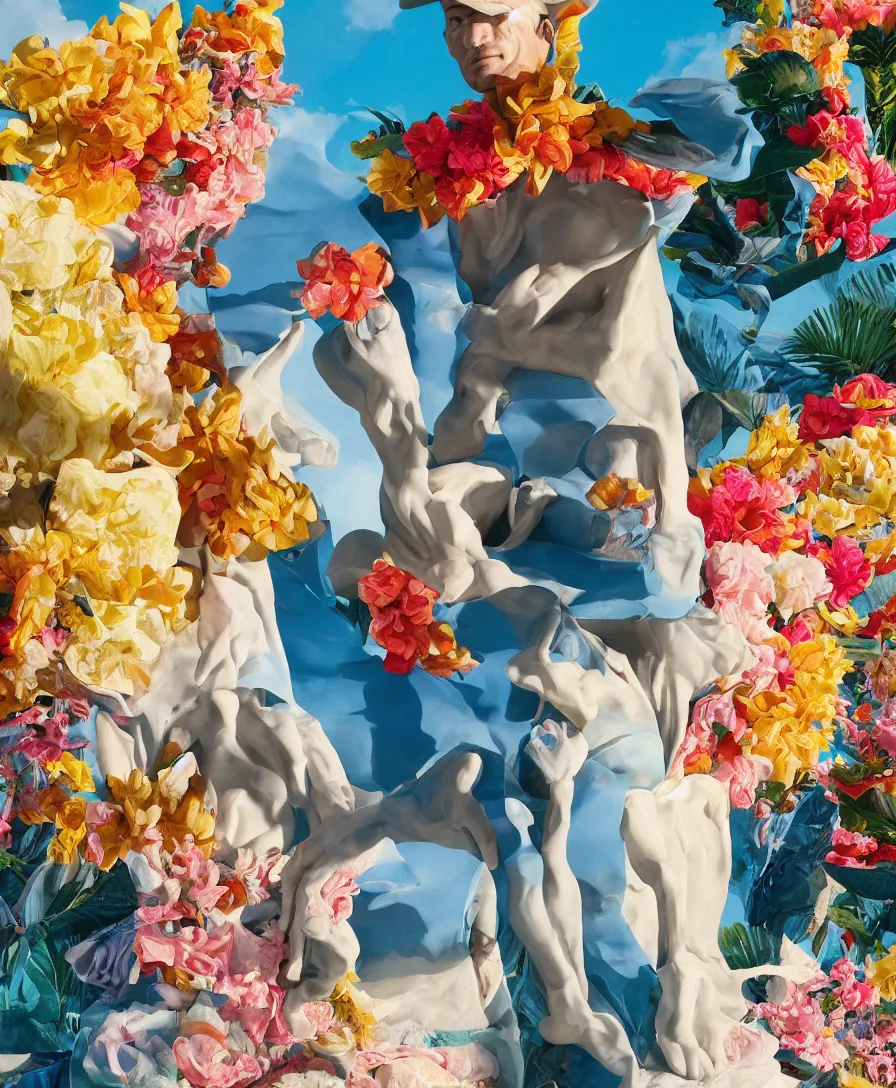 Image similar to a cowboy turning into blooms by slim aarons, by zhang kechun, by lynda benglis. tropical sea slugs, angular sharp tractor tires. complementary bold colors. portait of a manly cowboy. warm soft volumetric dramatic light. national geographic. 8 k, rendered in octane, smooth gradients. angular sculpture by antonio canova by gian lorenzo bernini.