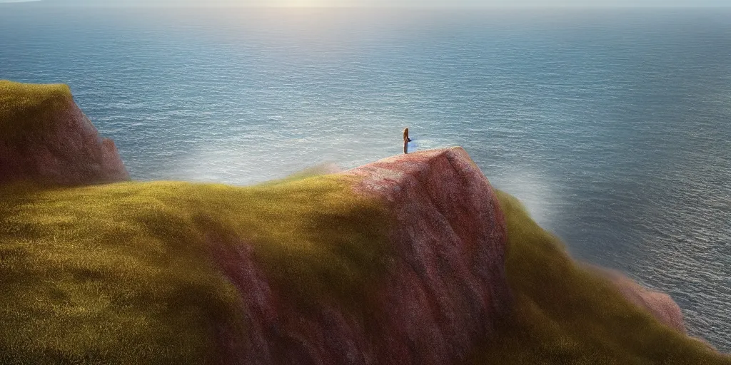 Prompt: Field on the edge of a cliff overlooking the ocean by Jessica Rossier