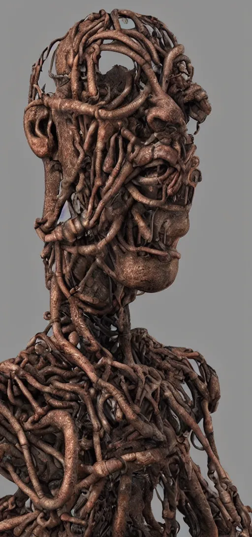 Image similar to hyperealistic sculpture of a human with rusty pipes extruding from the body, body horror, human bodies, scary, human faces, disturbing,