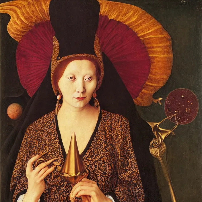 Image similar to a closeup portrait of a horned woman, drinking a golden elixir, drinking, chalice, in a heart nebula, golden hour, by jan van eyck