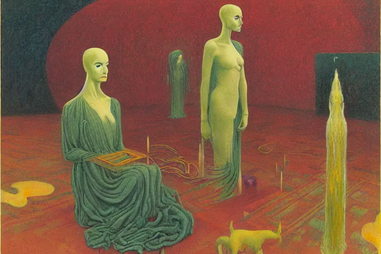 Image similar to realistic portrait of an engineer woman programming the samsara holy cluster, fine portrait, concept art, stunning, visionary, by brecht evens, by jean delville, by francis bacon