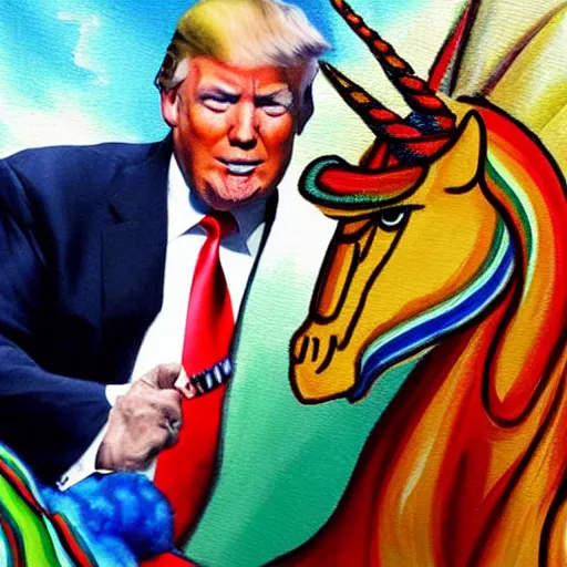 Image similar to a realistic painting of donald trump riding a rainbow unicorn