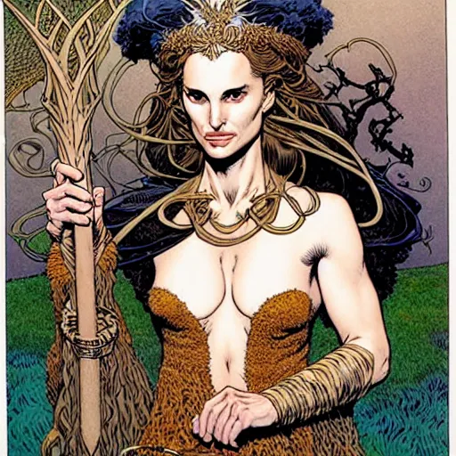 Prompt: a portrait of natalie portman as a druidic wizard by rebecca guay, michael kaluta, charles vess and jean moebius giraud