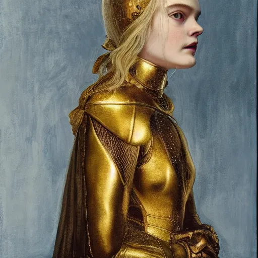 Image similar to Elle Fanning in a gold armor, religious masterpiece portrait, oil on canvas, occult night, in the world of Andrew Wyeth and Dark Souls, artstation, by J. C. Leyendecker and Peter Paul Rubens,