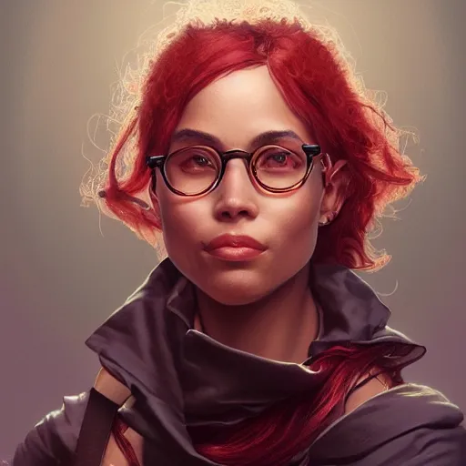 Prompt: an insanely detailed portrait of a smiling beautiful inventor that looks like zoe kravitz wearing glasses with short red hair, in the style of peter mohrbacher, artgerm, dramatic lighting and composition, octane render, trending on artstation, concept art 8 k