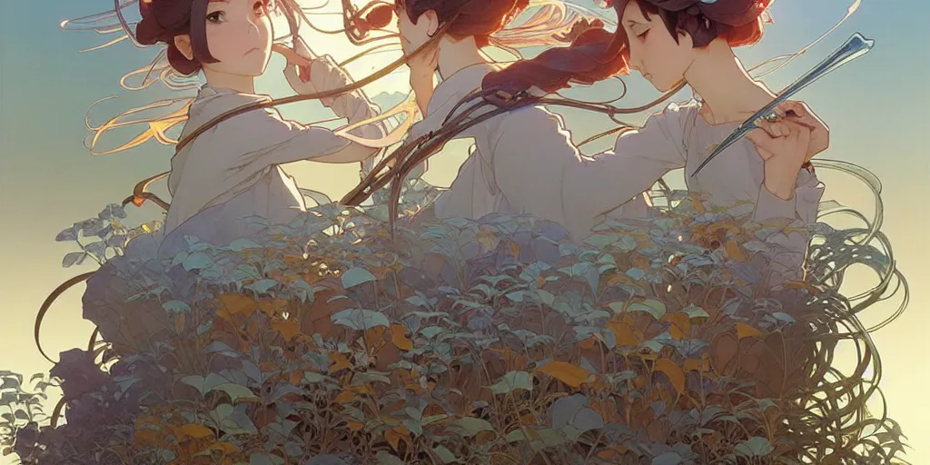 Image similar to twist your tiny lies into the spoon, spinning a web with your metallurgy. by hayao miyazaki and rossdraws and artgerm and greg rutkowski and alphonse mucha and studio ghibli. high quality, stunning, intricate detailed environment. 8 k