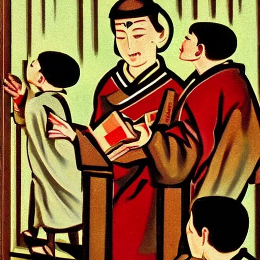 Image similar to a realistic oil painting of baby priest giving orders to its congregation of followers. art deco style mixed with retro japanese book art