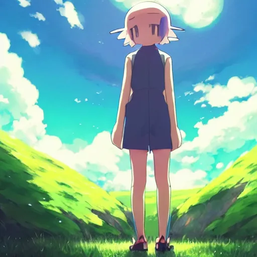 Prompt: a pokemon go card from 1 9 5 0, illustration, clear sky background, lush landscape, concept art, anime key visual, trending pixiv fanbox, by wlop and greg rutkowski and makoto shinkai and studio ghibli and kyoto animation, symmetrical facial features, rock pokemon trainer