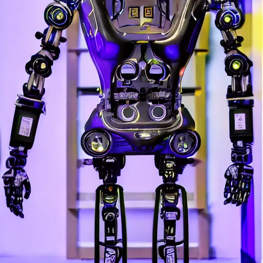 Image similar to robot with a neon 2 engraved on its exoskeleton