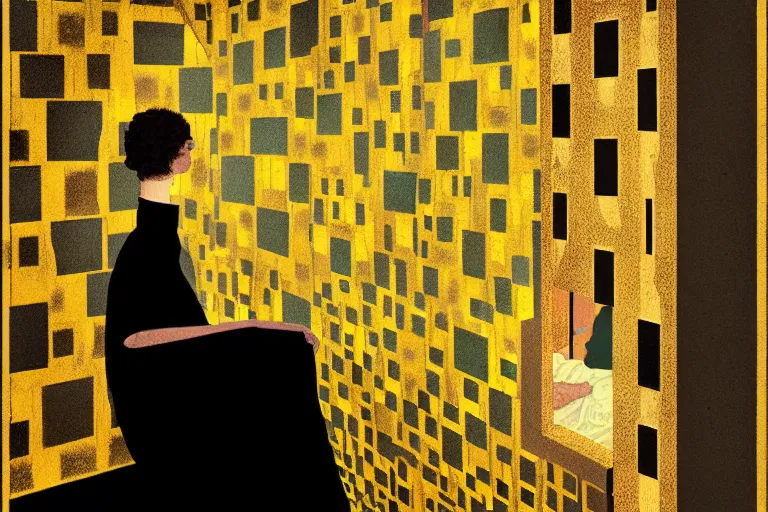 Prompt: editorial illustration by Karolis Strautniekas and Mads Berg imitating gustav klimt, colorful, jail cell,light rays, fine texture,detailed, muted colors,film noir, dramatic lighting, dynamic composition,moody, vivid, matte print