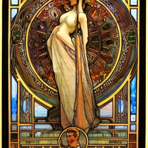 Image similar to johannes scotus erigena, mucha style,