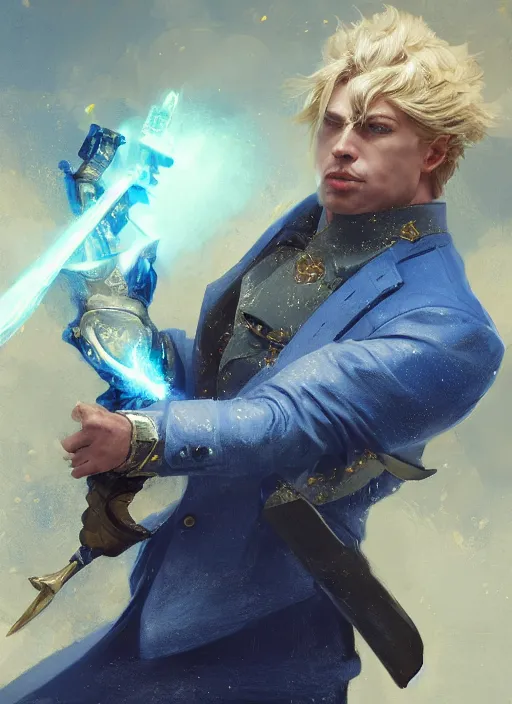 Prompt: a man in a blue suit with blond hair swinging a sword and holding a pistol, fantasy, d & d, heartstone, digital painting, volumetric light, intricate, sharp, focus, bloom, illustration, highly detailed, concept art, matte, ruan jia, randy vargas, greg rutkowski