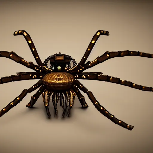 Image similar to a steampunk spider wearing a top hat, 8 k, unreal engine 6, hyper detailed, highly coherent,